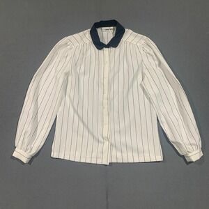 Vintage Union Made Womens Pinstripe Button Up Shirt Black Collar Puff Sleeve M